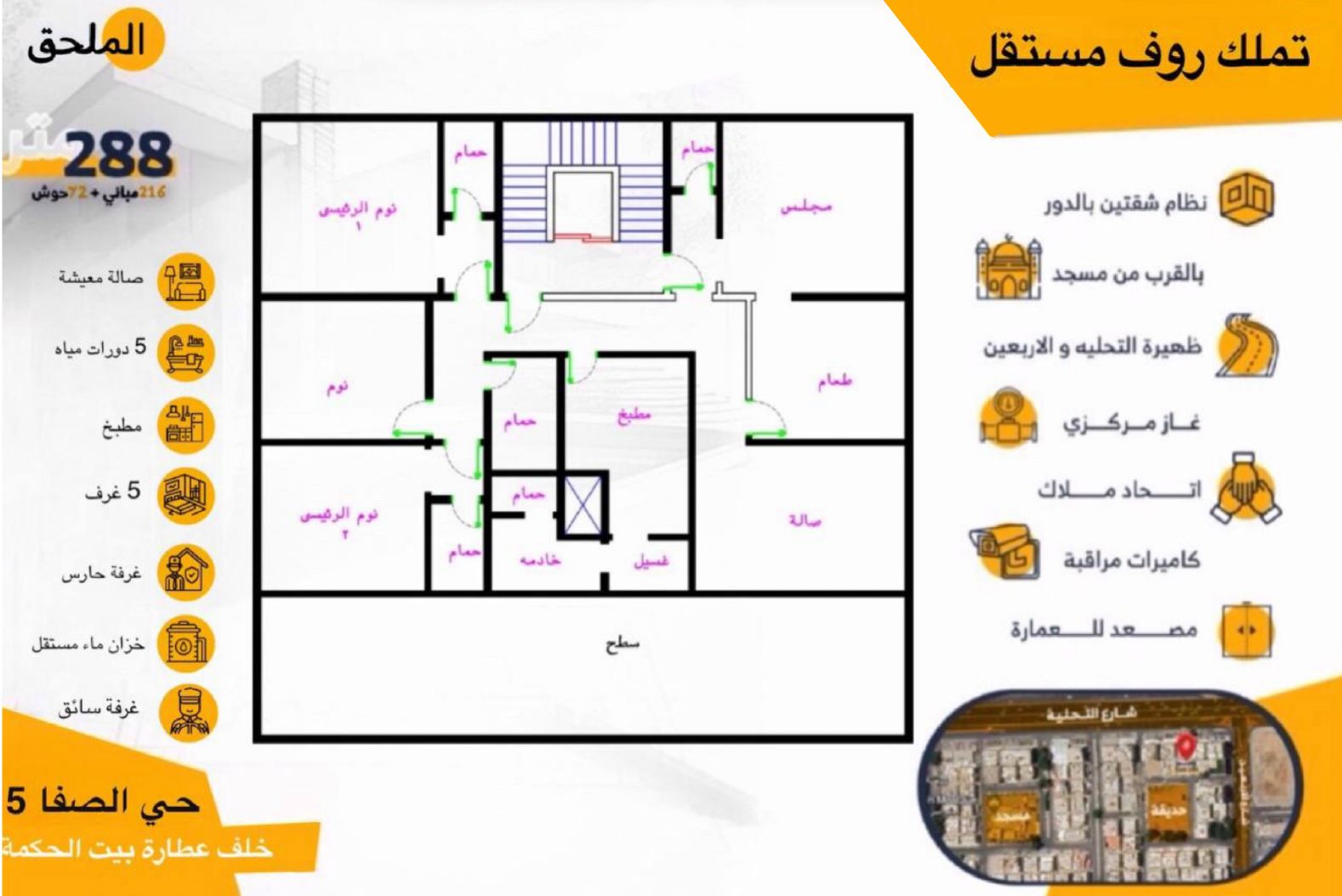روف مستقل جديد للتمليك جدة حي الصفا 5  مساحة 277 متر مربع